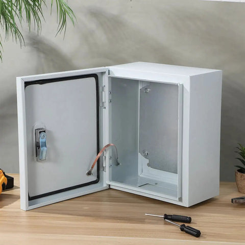 Open Wall Mount Electrical Enclosure Box 250x300x140mm showing interior design and lock mechanism, metal construction.