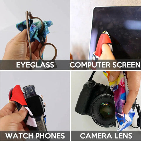 Using Double Sided Microfiber Glasses Cleaning Cloth For Lenses Screens Cameras on eyeglasses, computer screen, watch phone, and camera lens