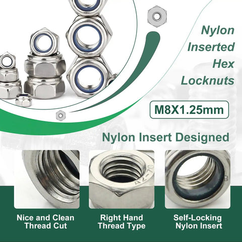 Heavy Duty Pro Grade Nylon Inserted M8 Hex Lock Nuts Self Locking 1.25 Pitch 304 Stainless Steel with 13mm Hex M8x1.25 Right Hand Threads 20 Pack in Plastic Storage Box shown with thread and nylon insert details.