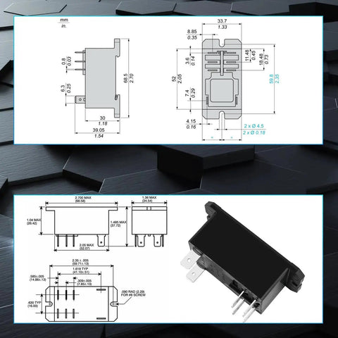 Beefy 12V DC 30A General-Purpose Relay For PCB Or Panel Mount, DPST-NO, Flange, shown with technical drawings and dimensions.