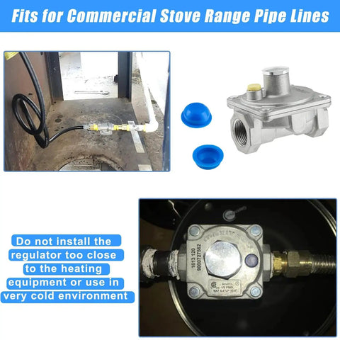 Adjustable Three Quarter Inch Natural Gas Pressure Regulator Works With NG And LPG For Four WC NG And Ten WC LPG Half PSI Built For Commercial Or Domestic Gas Stoves Easy Dial Adjustment Inlet To Outlet Connections For Safe Stove Operation, with installation guidance and environmental warnings.
