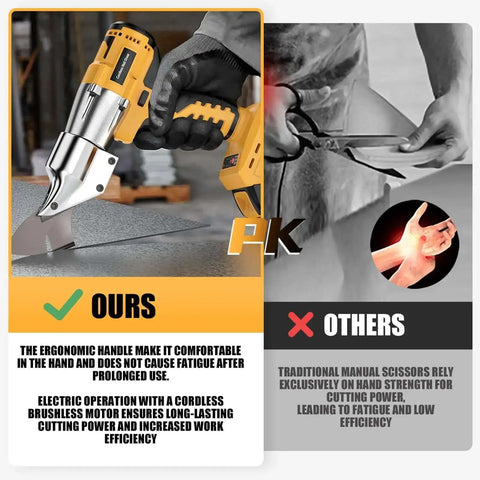 Cordless Metal Shears Brushless 20V Max Tool Only With 360 Degree Pivoting Head cutting sheet metal next to manual scissors