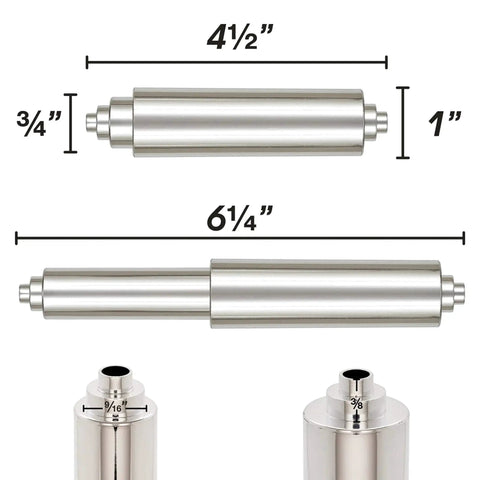 Spring Loaded Toilet Paper Roll Holder Replacement In Chrome Finish Durable Plastic Construction with size measurements.