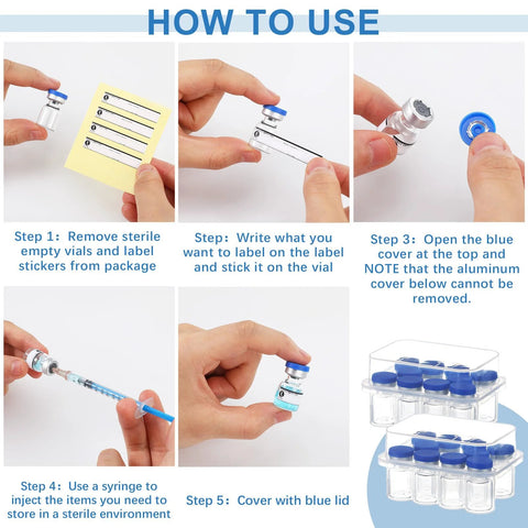 1ml sealed sterile glass vials with blue caps; 20 vials and 20 blue label stickers, syringe visible.
