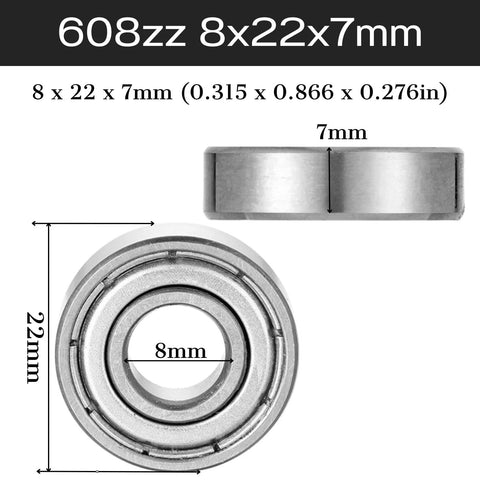 608zz ball bearing, 8x22x7 mm, double metal shielded, deep groove design for 3D printing projects and skateboards