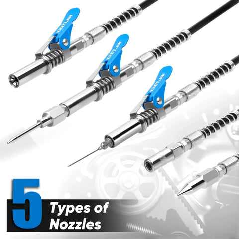 Close-up of 5 nozzle types from Heavy Duty 7000 PSI Pistol Grip Grease Gun Kit With 14 Oz Cartridge, showing various injector needles.