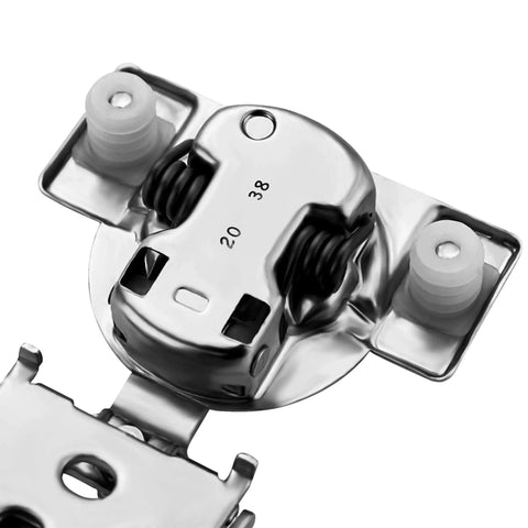 Close-up of Two Pack Three Quarters Inch Overlay Cabinet Hinges With Soft Close For Kitchen Cabinets Stainless Steel Satin Nickel Finish Hidden Door Hinge Set Easy Install Includes Dowels And Mounting Screws