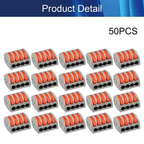 4 Position Spring Wire Connector Kit PCT-214 Screw Quick Terminal Block in a pack of 50, 250V 32A, Insulated PP Housing, 4-position view.