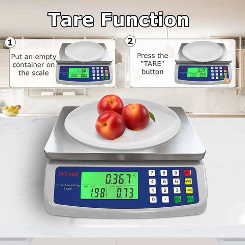 Pro Grade Digital Kitchen Scale 40kg 88lb Stainless Steel With LCD Display For Price Computing And Item Counting Deli Scale For Baking Bread Cooking Meat Prep Coins And Parts Adapter Included showing tare function