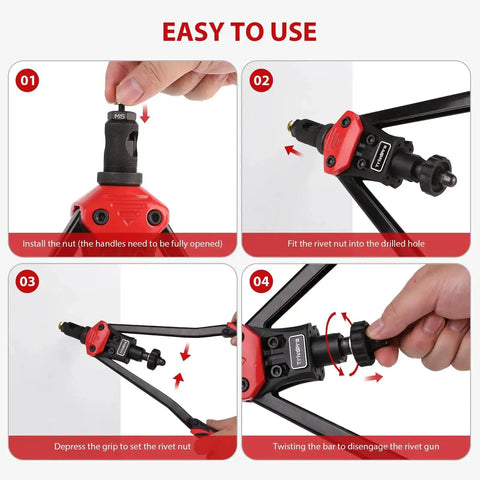 Pro Grade 16 Inch Rivet Nut Tool Kit With 200 Zinc Plated Nutserts 15 Interchangeable Mandrels shown in use steps 1-4