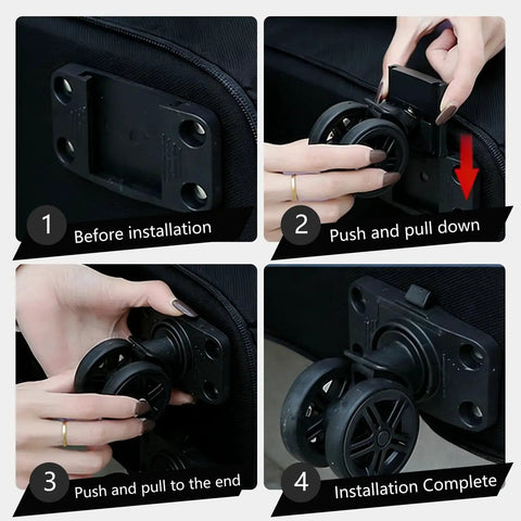 Installation steps for wheels on Expandable Rolling Duffle Bag With Wheels 22 To 42 Liter Capacity Foldable Luggage.