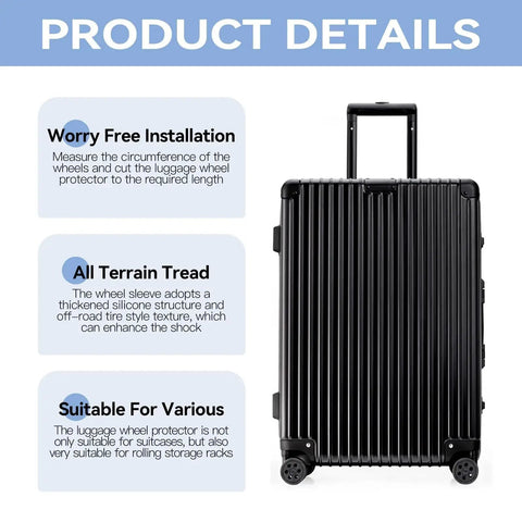 Silicone Luggage Wheel Covers 8 Pack Noise Reducing Shock Absorbing Wheel Protectors Universal Fit shown on suitcase