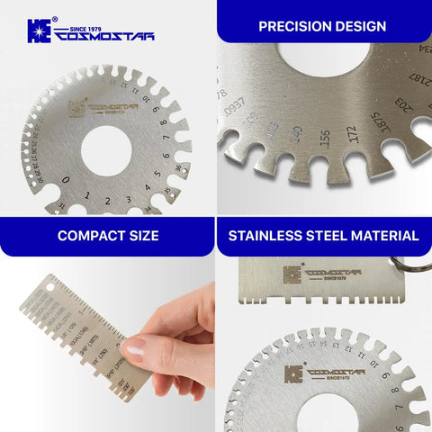 Precision Welding Gauge Set For Dead On Wire And Sheet Thickness 25 To 3000 Um Wet Film Comb And Dual Sided Round Wire Cable Gauge Stainless Steel Two Pack By Cosmostar, showing the dual-sided stainless steel gauge with clear measurement markings.