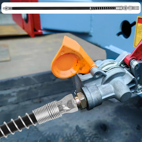 Grease gun with 18-inch spring‑flex hose and coupler, 8000 PSI, 1/8 in NPT fittings; metal connectors, orange guard.