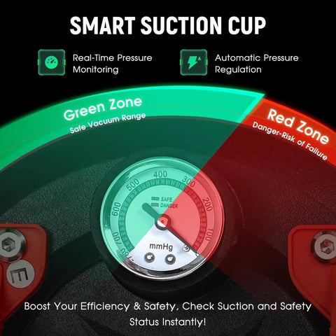 Beefy 8 Inch Electric Vacuum Suction Cup Lifter 2 Pack With 440 Lb Capacity pressure monitor showing green and red zones