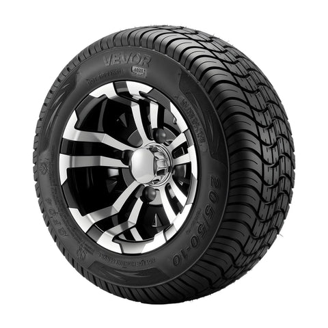 Four 205/50-10 Golf Cart Wheels And Tires Set With 10 Inch Aluminum Alloy Rims, Beefy 4 Ply Rubber, Black Finish, Side View