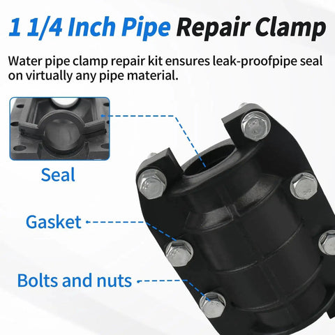 Emergency Pipe Repair Clamp Kit For Water Leaks One And A Quarter Inch Fits Plastic And Metal Pipes with seal gasket bolts