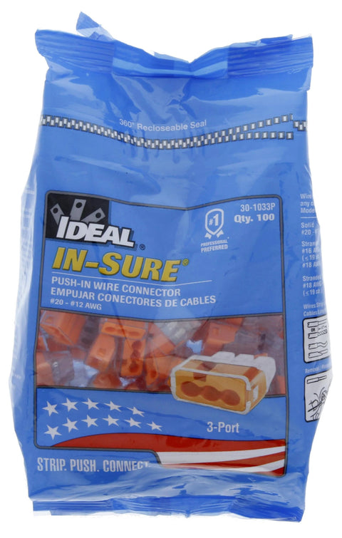 Ideal IN-SURE 3-Port push-in wire connector, bag of 100, color-coded for solid and stranded wires by Amazon