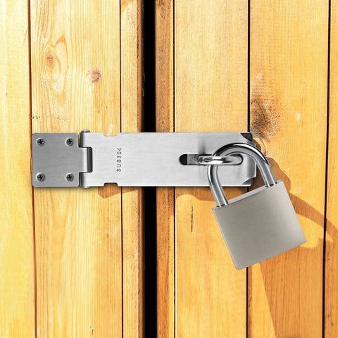 Stainless Steel Padlock Latch 5 Inch Heavy Duty Locking Hasps for Cabinets Closets and Doors with Keyed Lock on wooden gate