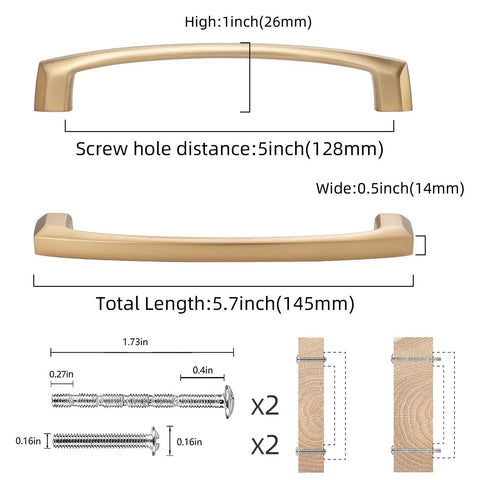 Diagram showing 10 Pack 5 Inch Champagne Bronze Cabinet Handles For Kitchen Cabinets And Furniture Pulls with dimensions and screws