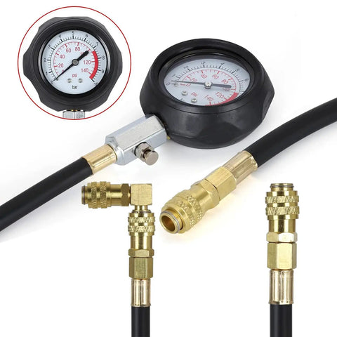 Oil Pressure Tester Kit For Cars ATVs And Trucks With 0 To 140 PSI Mechanical Gauge, showing gauge and adapters.
