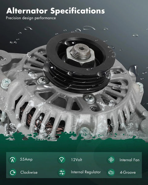 Close-up of 12V 55A Clockwise 4 Groove Alternator Replacement for Chevy Metro, showing front view with specifications overlay.