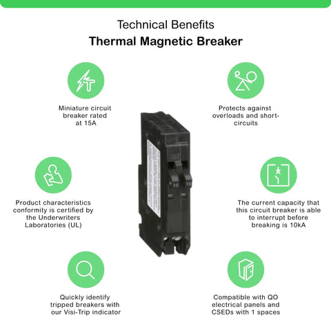QO1515C 15 Amp Circuit Breaker With Thermal Magnetic Trip And Visi Trip Indicator for QO panels tandem ready, front view.
