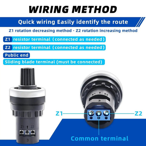 Wiring method diagram for 4 Pack 10K Ohm LA42DWQ22 Rotary Potentiometer 22mm showing Z1, Z2, and common terminal connections.