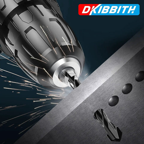 Five Piece Three Eighths Inch Masonry Drill Bit Set For Concrete Tiles Stone With Carbide Tips And Hex Shank 10mm Diameter The Go To Choice For Drilling Into Glass Ceramic Brick Soft Metal Plastic And Wood. Close-up of a drill bit drilling into metal surface with sparks.