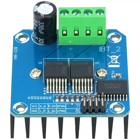 Close-up of Two Pack BTS7960 43A Beefy High Power H-Bridge Motor Driver Module for Arduino with blue circuit board and green terminal.
