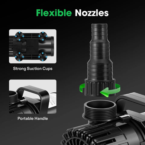 VIVOSUN 1800 GPH submersible pond pump with 100W, portable handle, adjustable nozzle, and strong suction cups.