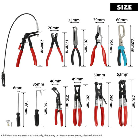 All In One Hose Clamp Pliers Set for Auto Maintenance, 15 Piece Tool Kit showing various pliers and their sizes by DPTOOL