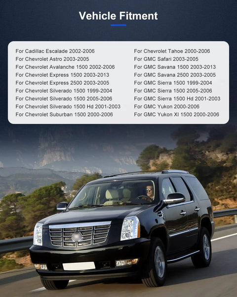 SUV driving on a scenic road with vehicle fitment list for Cadillac, Chevrolet, GMC in background.