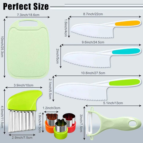 Kids Kitchen Knife Set Nine Pieces For Real Cooking With Cutting Board Y Peeler Crinkle Cutter Sandwich Cutter And Serrated Plastic Toddler Knives Safe For Little Chefs, showing product dimensions and components.