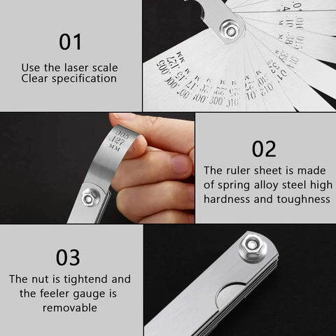 Close-up of Two Pack Steel Feeler Gauge Set With Dual Metric And Imperial Markings For Quick Gap Checks showing blades and markings