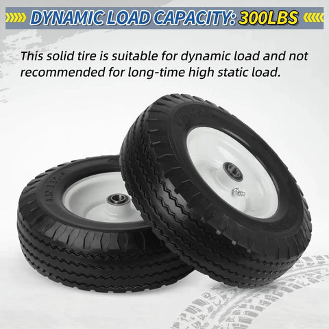 Flat Free Tire And Wheel 4.10 3.50 6 Size For Wheelbarrow And Hand Truck, two-pack showing 300lbs dynamic load capacity
