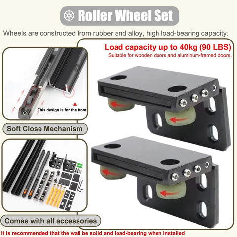 36 To 60 Inch Invisible Sliding Door Kit With Soft Close Trackless Black Mirrored Hardware, components and roller set