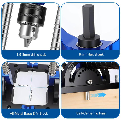 Close-up views of All Metal Adjustable Drill Guide With Multi Angle Capability From Zero To Sixty Degrees For Straight Holes features.