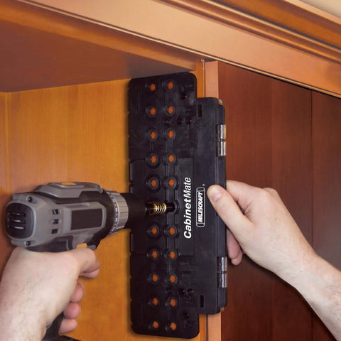 Person using Ultimate Cabinet Jig Bundle For DIYers With Cabinet Hardware Jig Shelf Pin Jig Hinge Jig Drawer Slide Jig for drilling
