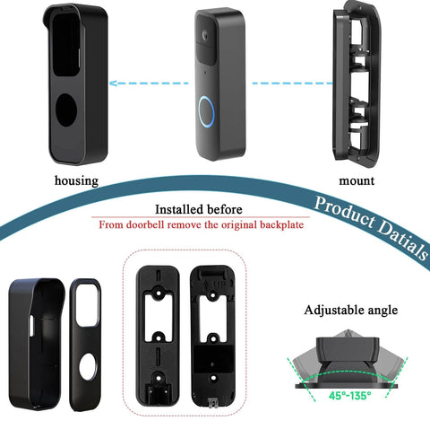 Corner Mount For Video Doorbell Camera Adjustable Angel Mount From 30 To 145 Degrees For Maximum Front Porch Coverage Easy Tool Free Installation Wide Viewing Range Fits First And Second Gen Doorbells Secure Stable Fit, showing disassembled parts and adjustable angle guide.