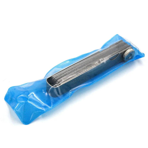 Stainless Steel Feeler Gauge Kit With 32 Precision Blades in blue pouch, Universal SAE and Metric Offset Valve Thickness Gauge, portable.