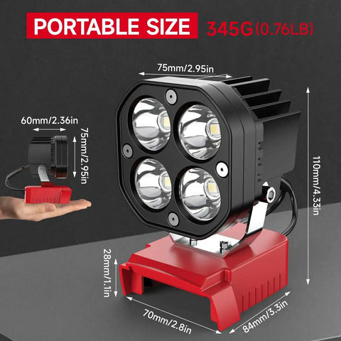 Cordless LED Work Light 40W 6000 Lumens 6500K, portable design, dimensions labeled, on red base, Milwaukee 18V compatible.