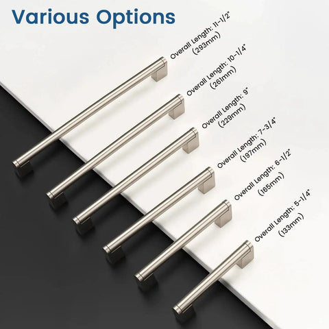 30 Pack 5 Inch Hole Centers Stainless Steel Boss Bar Cabinet Pulls Satin Nickel Finish showing various length options