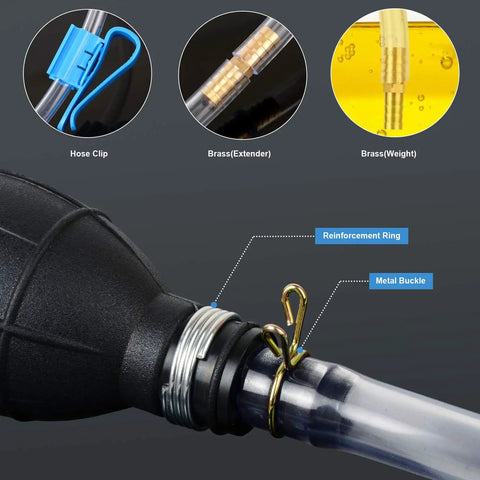 Close-up view of Fast Start Siphon Pump For Gasoline Diesel Transfer, showing hose clip, brass extender, and metal buckle details.