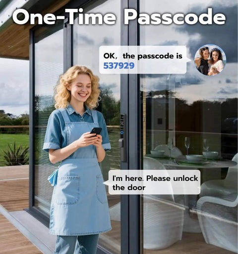 Person using app to unlock sliding glass door with Sliding Glass Door Lock With Biometric Fingerprint, Keypad, RFID And Remote App Control.