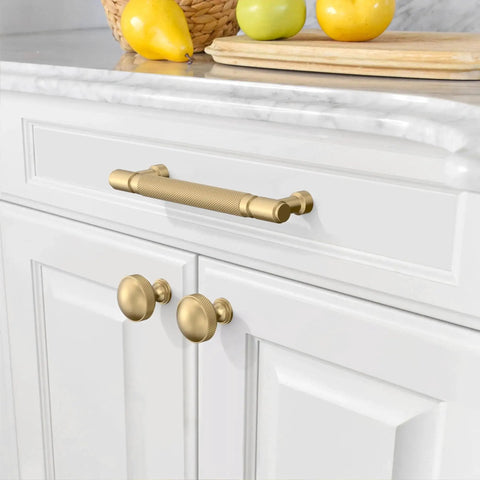 Champagne Bronze Knurled Cabinet Pulls, 10 Pack, 5 Inch Hole Center Drawer Pulls for kitchen displayed on white cabinet