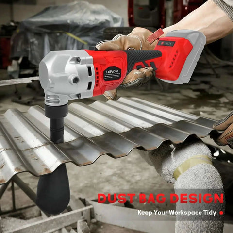 Cordless Metal Nibbler For 18V Batteries With Brushless Motor in use on corrugated metal, includes dust bag and replacement blades