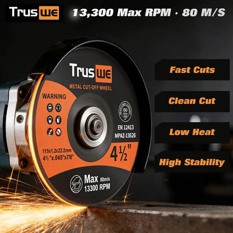 Ultra Thin Cut Off Wheels 52 Pack For 4-1/2 Inch Angle Grinders.045 Inch Thick Cutting Discs For Metal And Stainless Steel 7/8 Inch Arbor Burr Free Fast Cutting, close-up of wheel on grinder creating sparks