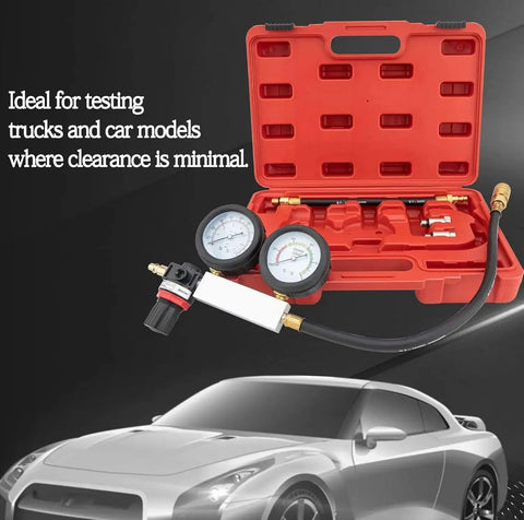 Dual Gauge Cylinder Leak Down Tester Kit Tu 21 with case and gauges for cars, trucks, and motorcycles displayed in open ABS case.