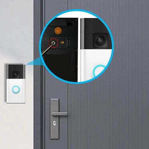 Six Piece Doorbell Replacement Screws Set For Blink And Ring Video Doorbells, backplane security screws shown installed on door